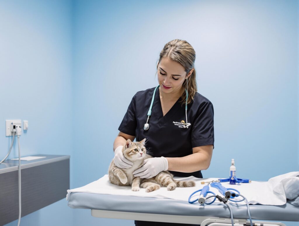 A veterinarian in a black uniform examines a calm cat on a sterile table, highlighting professional pet healthcare.