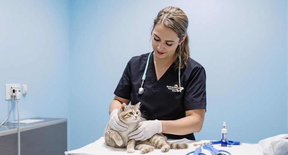 A veterinarian in a black uniform examines a calm cat on a sterile table, highlighting professional pet healthcare.