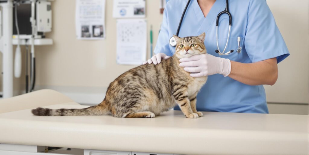 Veterinarian examining a tabby cat for weight loss treatment.