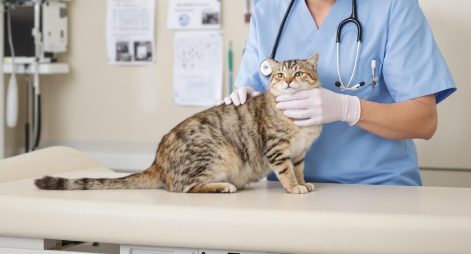 Veterinarian examining a tabby cat for weight loss treatment.