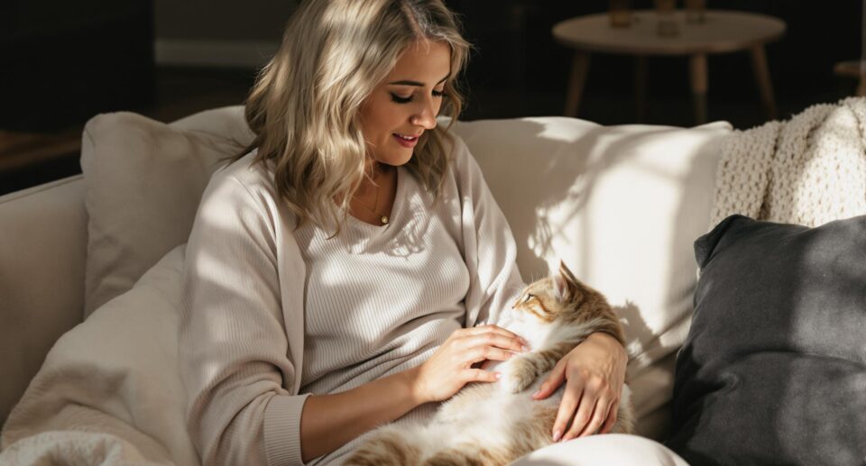 Woman examining her cat's belly for worms, showcasing trust and connection.