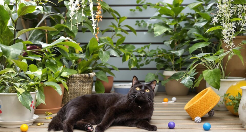 Serene black cat in a luxurious catio surrounded by plants and toys, highlighting the pros of a catio.