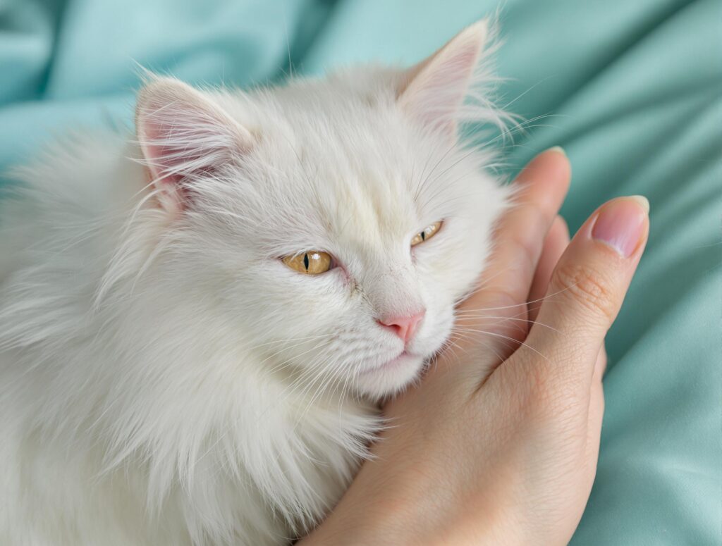 A serene white cat with amber eyes nestled against a human hand, capturing the affectionate bond between pet and owner.