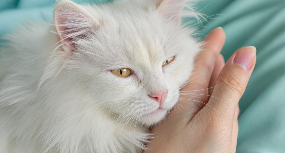 A serene white cat with amber eyes nestled against a human hand, capturing the affectionate bond between pet and owner.