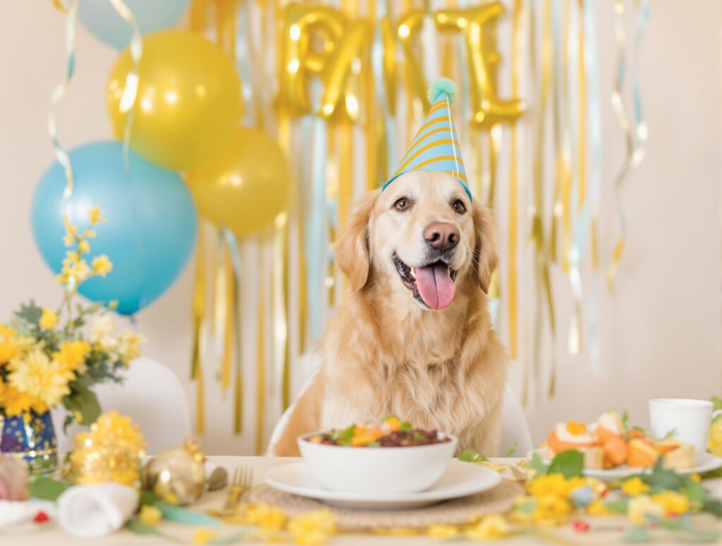 Joyful golden retriever in party hat celebrating National Dog Day with a festive meal.