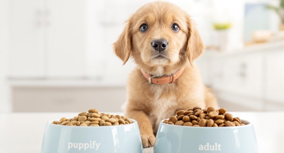 Golden retriever puppy between puppy kibble and adult dog food, illustrating signs to change dog food.