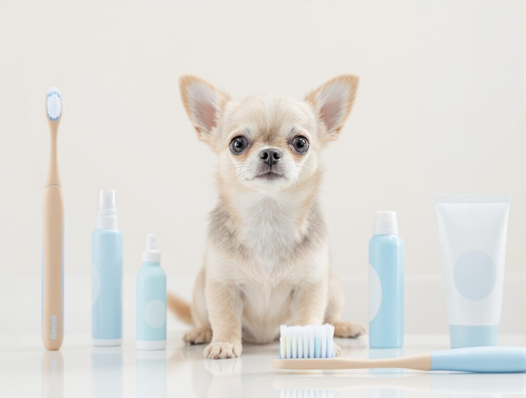 A tiny Chihuahua sitting with dental care products, emphasizing cleanliness and dental hygiene for chihuahua care.