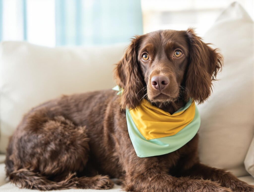 Chocolate brown spaniel wearing a sunflower yellow and mint green bandana rests on a cream couch