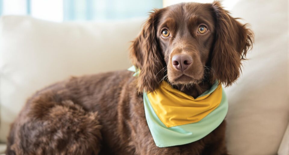 Chocolate brown spaniel wearing a sunflower yellow and mint green bandana rests on a cream couch