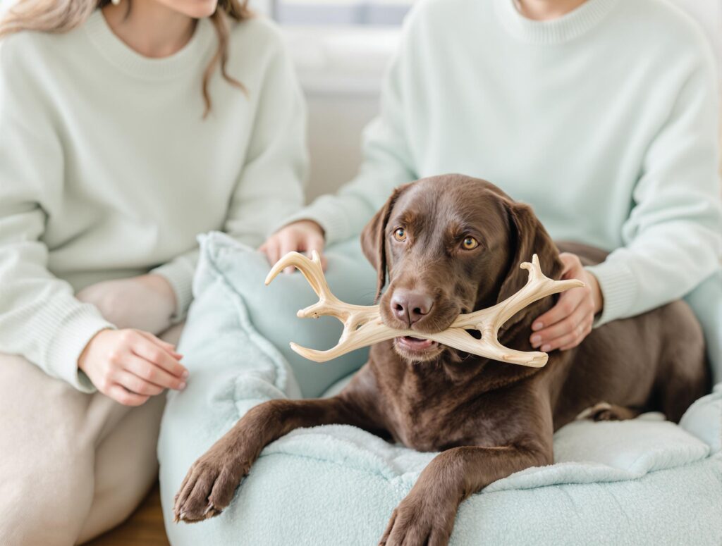 Chocolate Labrador on plush dog bed with deer antler, observed by pet owner in mint sweater.