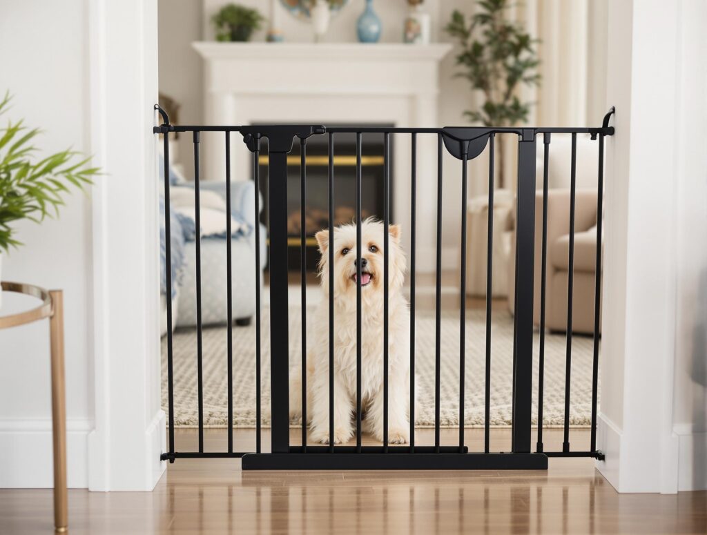 A relaxed dog with soft fur sits peacefully behind an elegant black pet gate in a cozy living room.