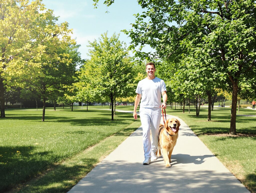 Mid-30s pet owner walking golden retriever in urban park with cicadas not harmful to dogs.