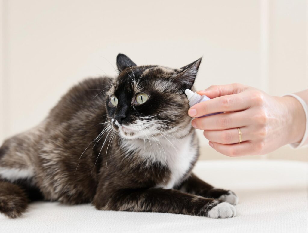 A veterinarian gently inspects a sleek black and blue cat's ear with cleaning solution, emphasizing professional pet care.