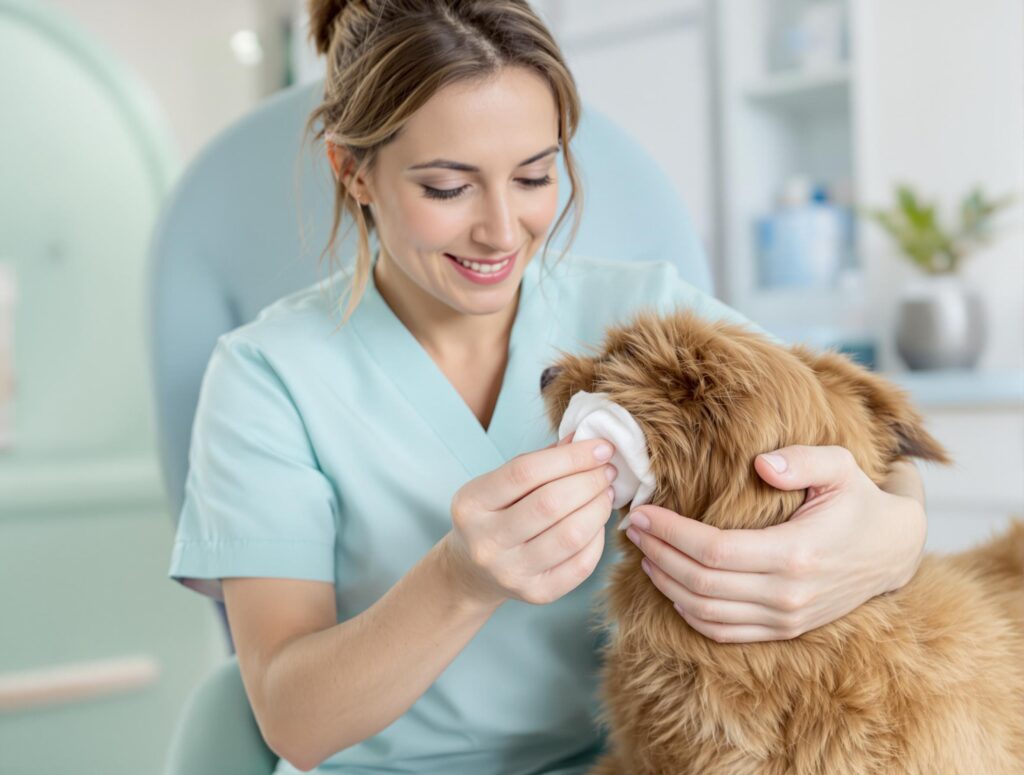 A female veterinarian gently cleans a dog's ear, illustrating how to clean your dog's ears for pet health.