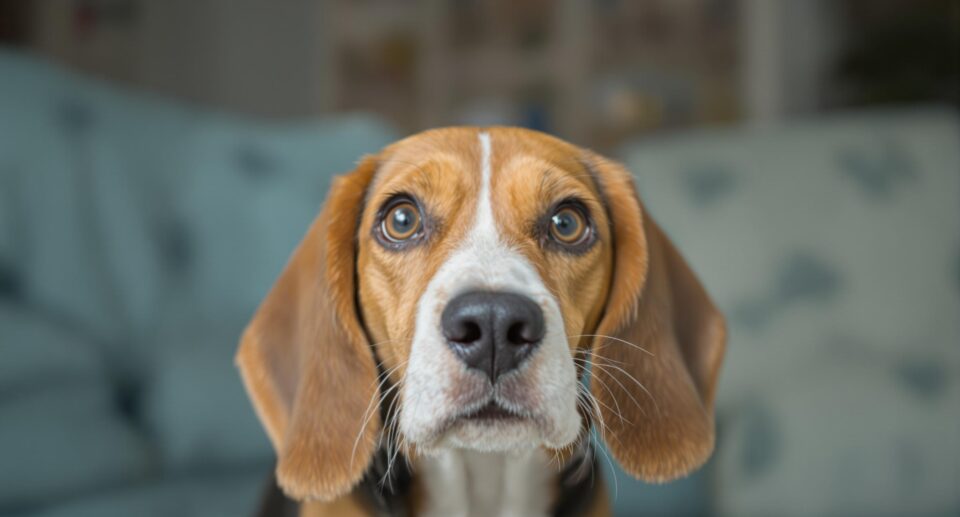 A beagle looks pensively at the camera