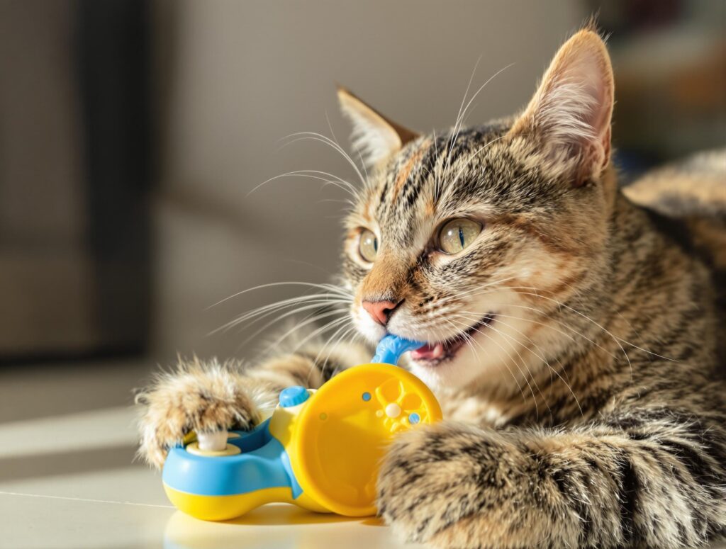A playful domestic cat with a dental care toy, illustrating common cat health symptoms.