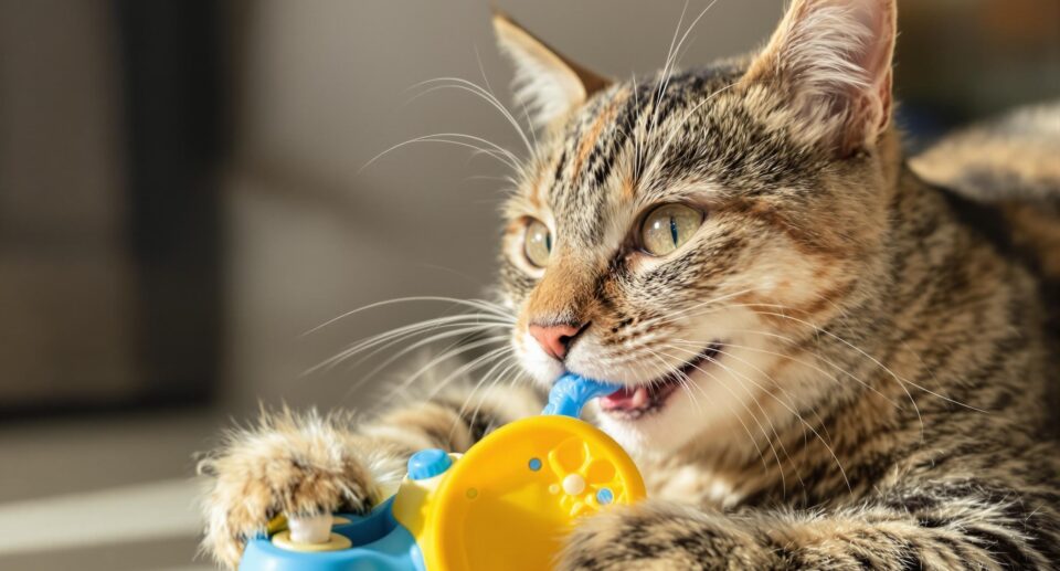 A playful domestic cat with a dental care toy, illustrating common cat health symptoms.