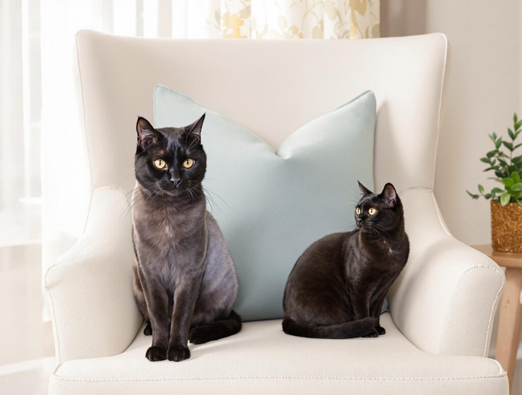 A sleek black cat with lustrous fur sits on an ivory armchair, illustrating common digestive problems in cats.