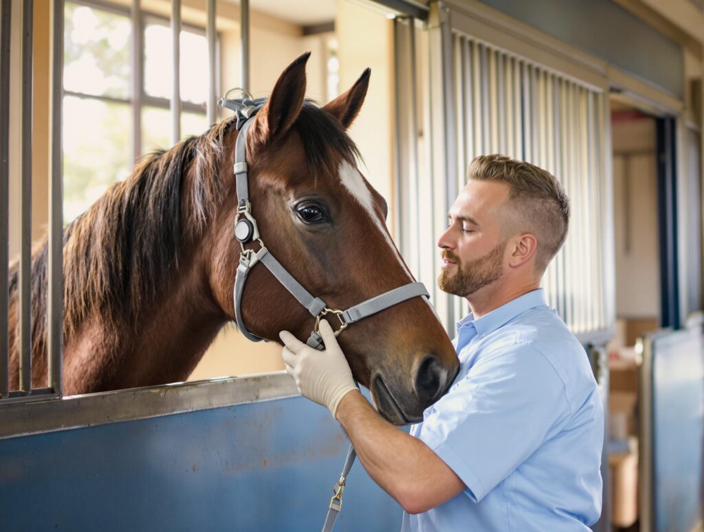 A veterinarian examines a horse in a stable, highlighting common horse disease care practices.