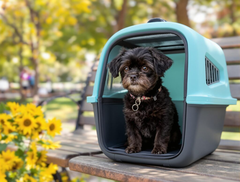 A small black dog sits in a modern blue pet carrier on a park bench, targeting compact dog carrier imagery.