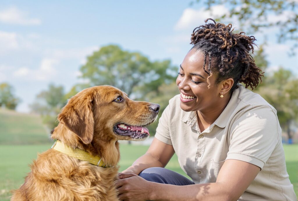 A woman smiling at her dog