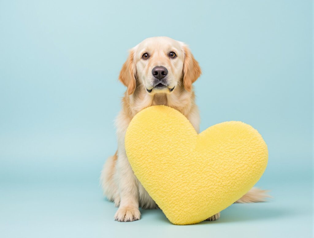 A medium-sized dog with cream and brown fur sits with a yellow heart-shaped plush toy, conveying pet health and emotional wellness.