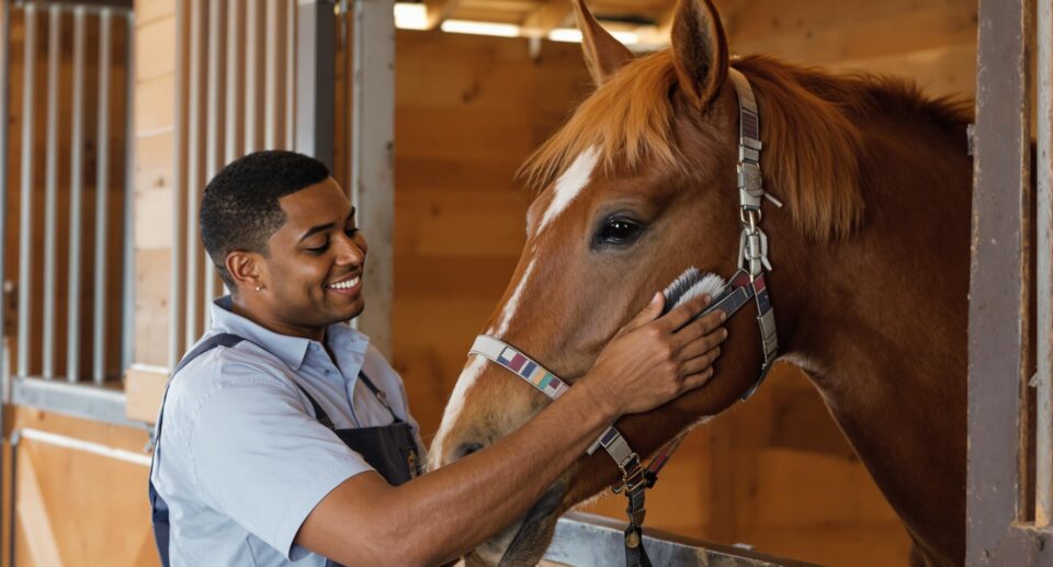 A compassionate horse owner in stable attire gently brushes a chestnut horse in a warmly lit wooden stable, emphasizing their connection.