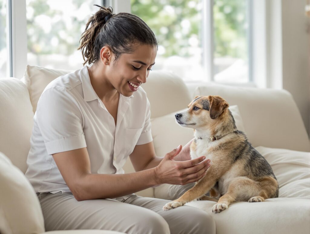 A mid-30s professional examining their mixed-breed dog in a warm living room, capturing an emotional connection.