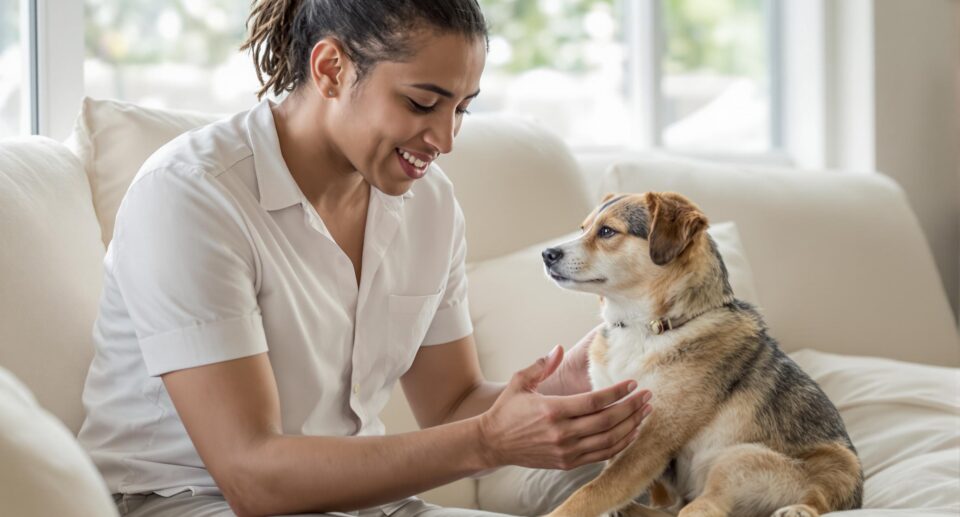 A mid-30s professional examining their mixed-breed dog in a warm living room, capturing an emotional connection.