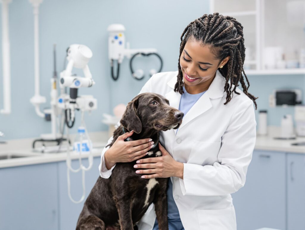 A veterinarian in a white coat gently examines a dog in a modern veterinary clinic with blue equipment.