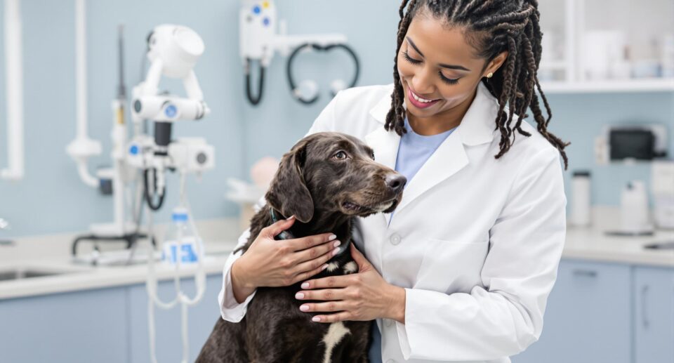 A veterinarian in a white coat gently examines a dog in a modern veterinary clinic with blue equipment.