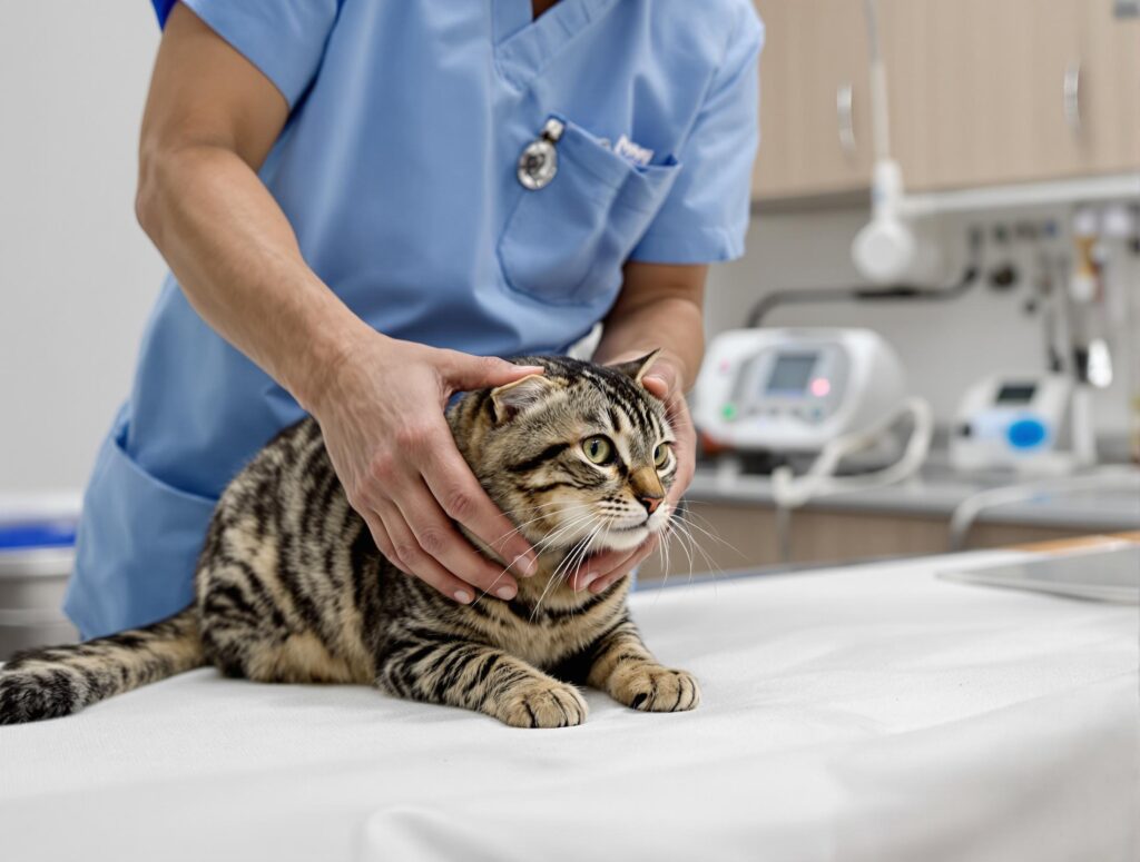 Compassionate veterinarian in blue scrubs gently examines a tabby cat in a modern veterinary clinic.