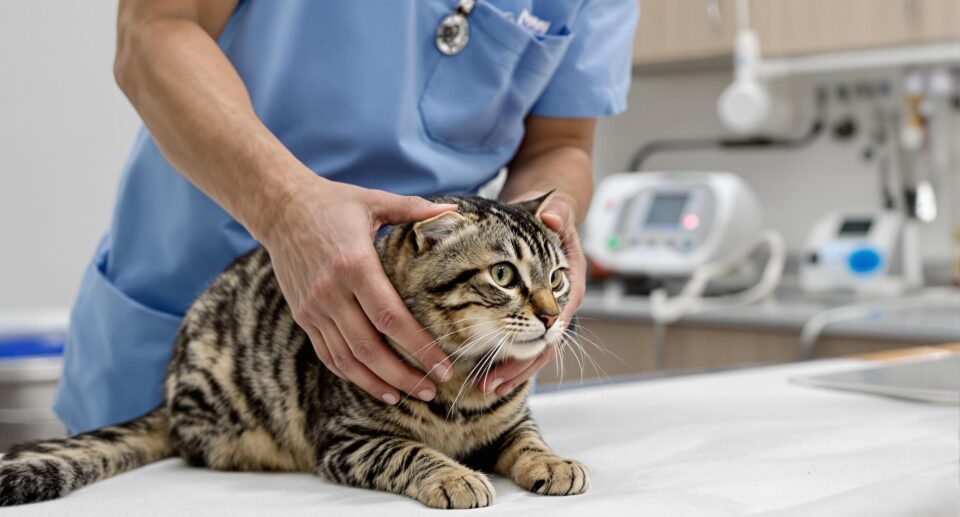 Compassionate veterinarian in blue scrubs gently examines a tabby cat in a modern veterinary clinic.