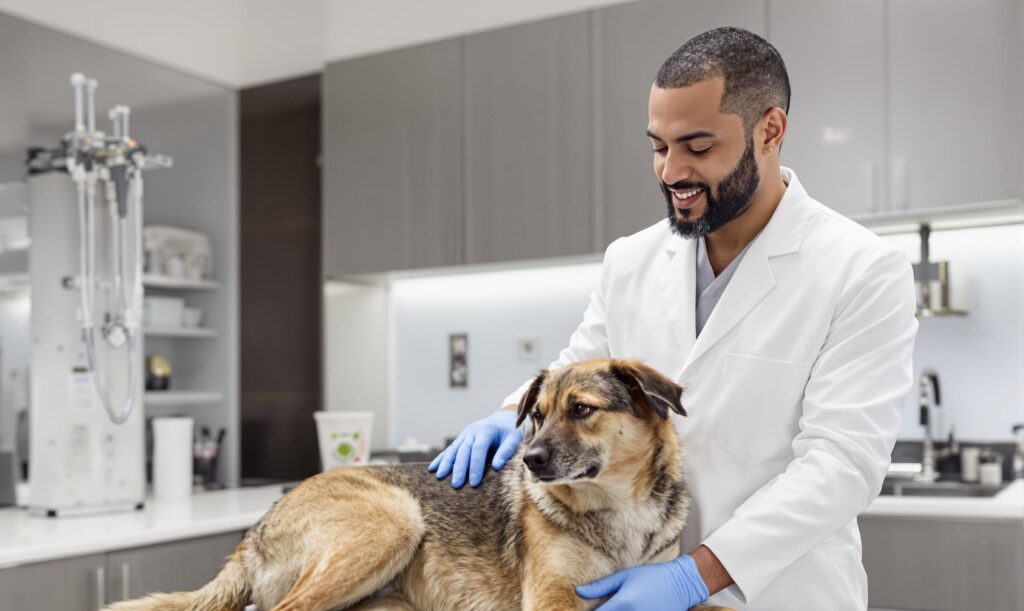 A veterinarian in a white coat examines a calm mixed-breed dog in a modern clinic, emphasizing professional care and trust.