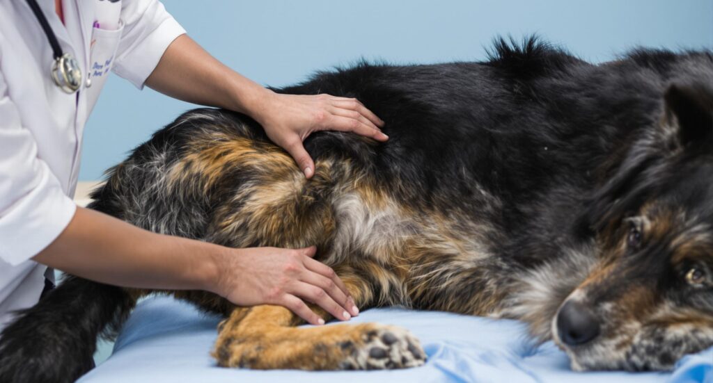 A veterinarian in a white coat performing an orthopedic exam on a large breed dog with dark fur on a blue examination table.