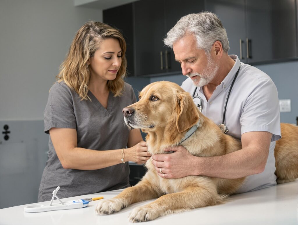 A veterinarian examines an elderly golden retriever for congestive heart failure in a caring veterinary setting.