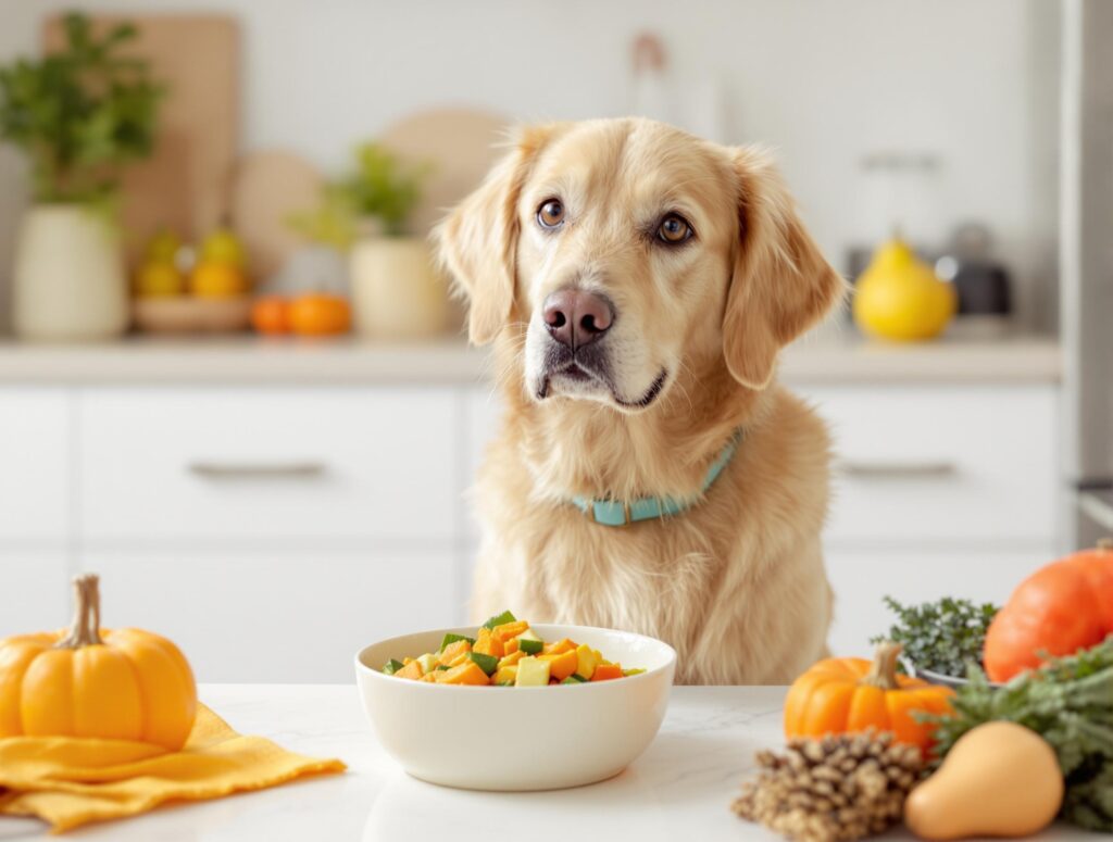 A golden retriever with a glossy coat sits beside a bowl of vegetables and pumpkin puree, highlighting dog constipation remedy and wellness.