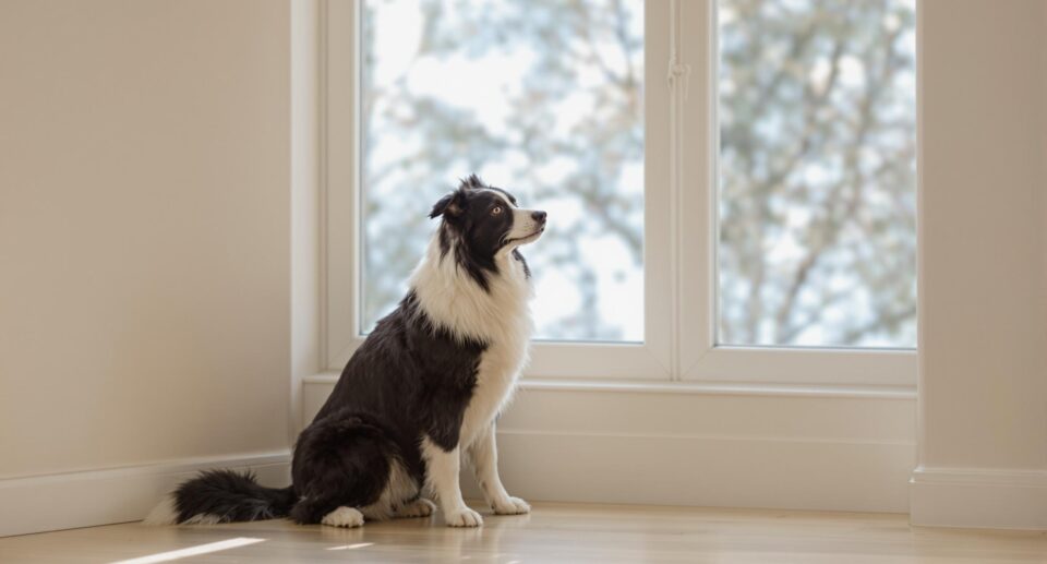 Black and white border collie sitting near a softly-lit window in a minimalist interior space.