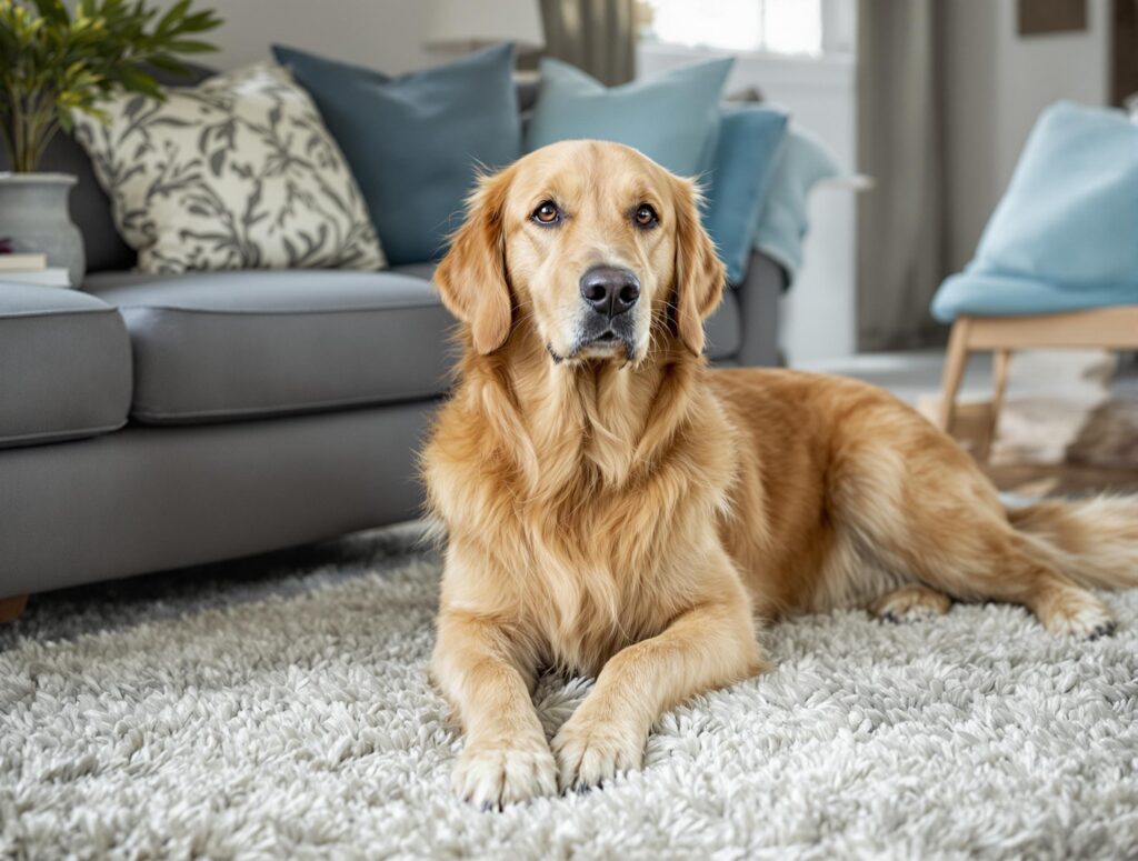 A golden retriever sits on a grey carpet