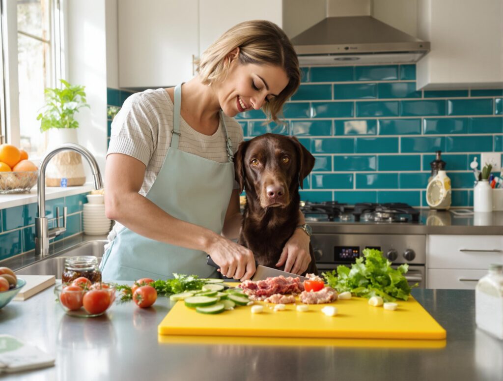 Home cook preparing fresh vegetables and meat for dogs as chocolate Labrador awaits eagerly in kitchen.