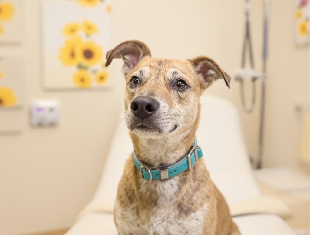 Medium-sized dog sitting on vet exam table for corneal ulcer treatment.