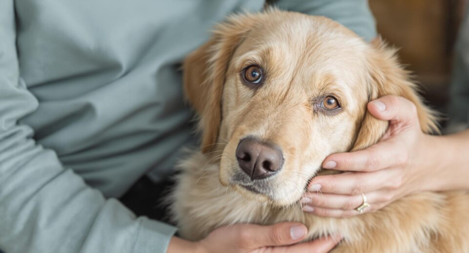 A dog with a cloudy eye receiving comfort from its concerned owner, illustrating symptoms of corneal ulcers in dogs.