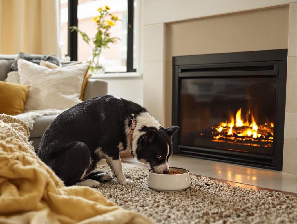 Medium-sized black or white dog eating from a ceramic bowl near a softly glowing fireplace in a cozy home setting.