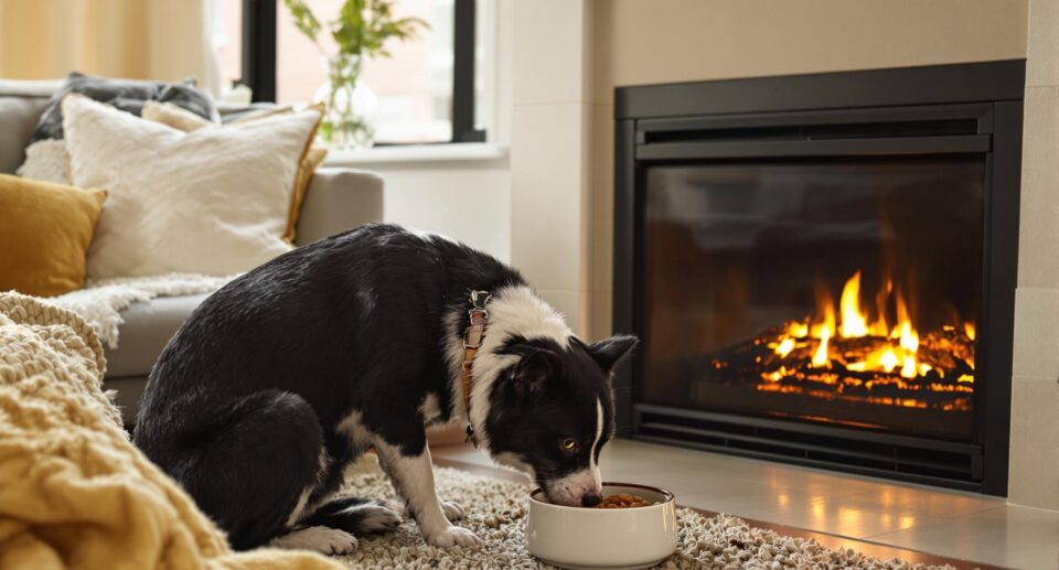 Medium-sized black or white dog eating from a ceramic bowl near a softly glowing fireplace in a cozy home setting.