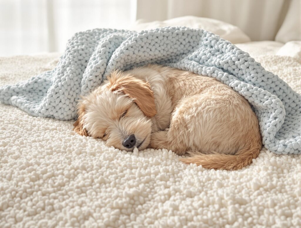 A serene scene of a soft-coated terrier puppy sleeping on an ivory bed with a blue knitted blanket in a minimalist bedroom.
