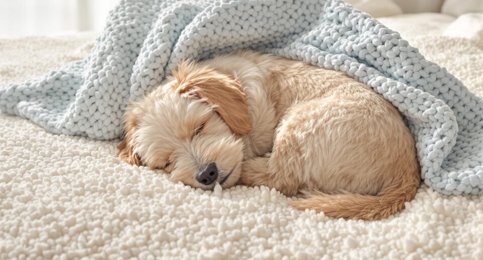 A serene scene of a soft-coated terrier puppy sleeping on an ivory bed with a blue knitted blanket in a minimalist bedroom.