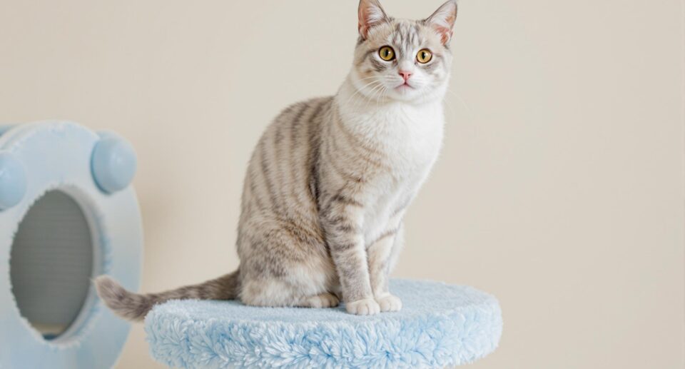 A curious domestic cat with a sleek coat sits on a blue cat tree, expressing inquisitiveness against an ivory background with scattered cat toys.