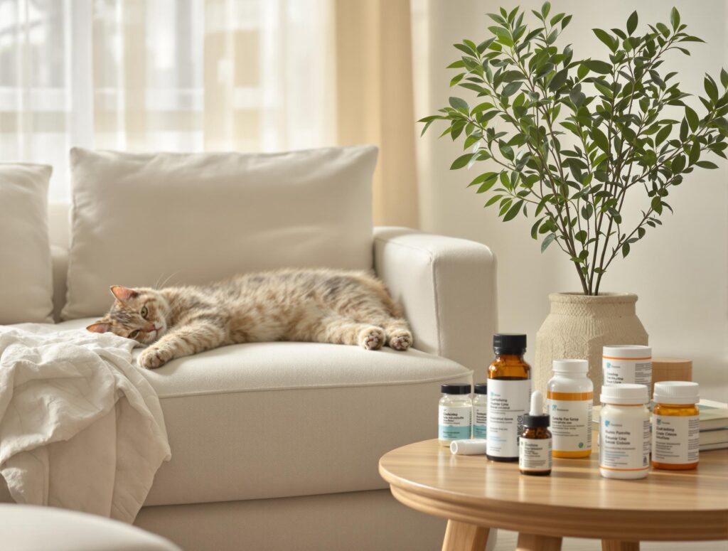 A healthy cat eating premium high-protein cat food with modern cat care supplies in a bright, clean interior.