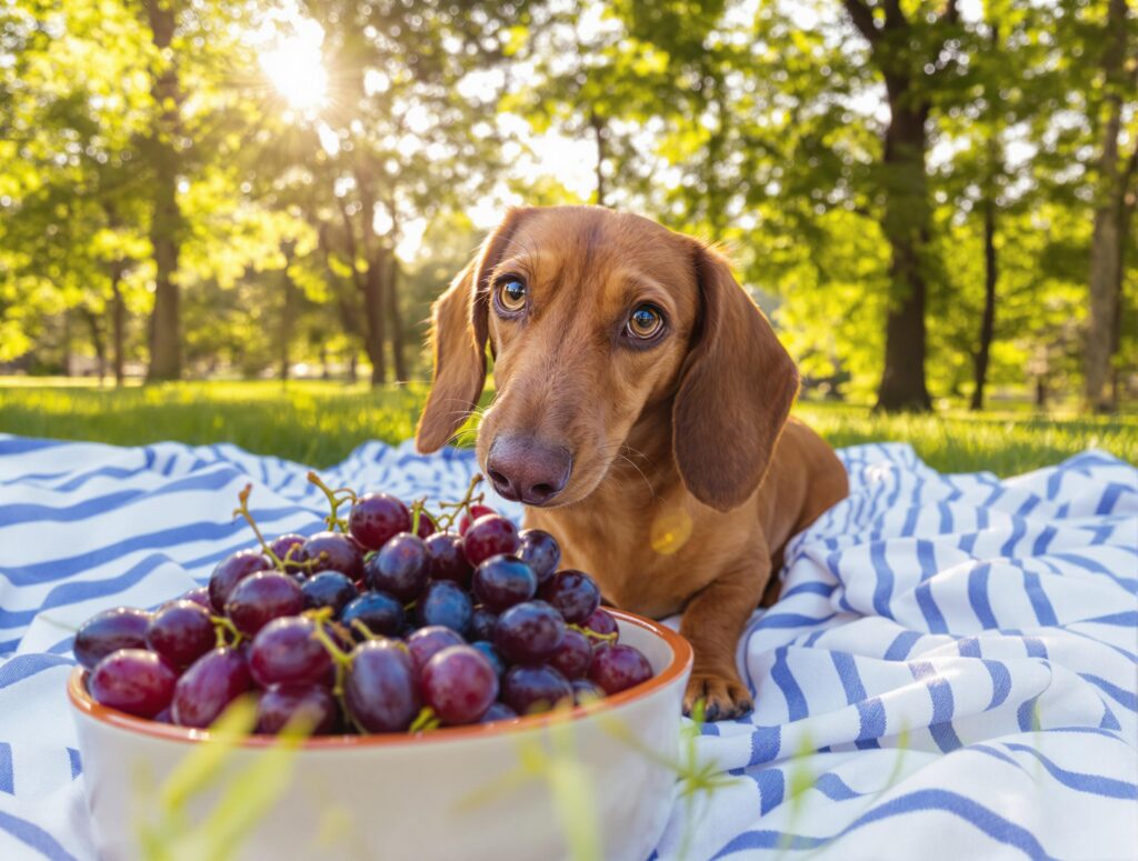 A dachshund sits in front of a bowl of purple grapes at a picnic