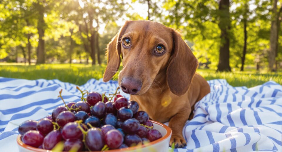 A dachshund sits in front of a bowl of purple grapes at a picnic